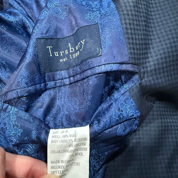 100%‎ Wool Turnbury 48R Navy Blue Checkered 48 R Blazer Jacket 2 Button Coat - Picture 4 of 8